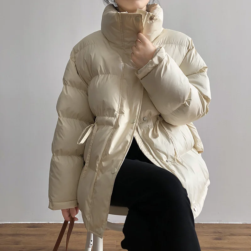 

Winter Stand Collar Down Cotton-padded Jacket 2021 Winter Adjustable Waist Loose Zipper Wadded Jacket Thickened Warm Coat