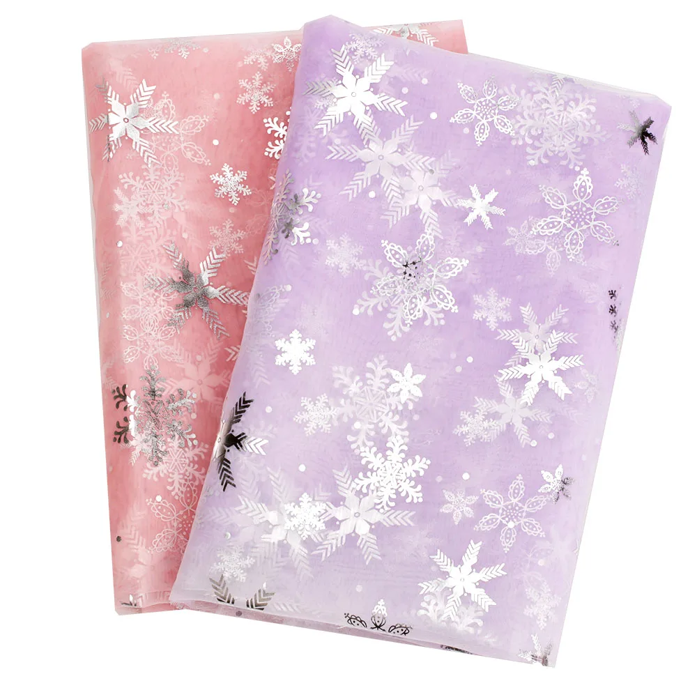 

90*150cm Snowflake Print Gauze Fabric Purple Pink Wedding Gauze Mesh Wholesale Transparent Stiff Gauze Lace Fabric
