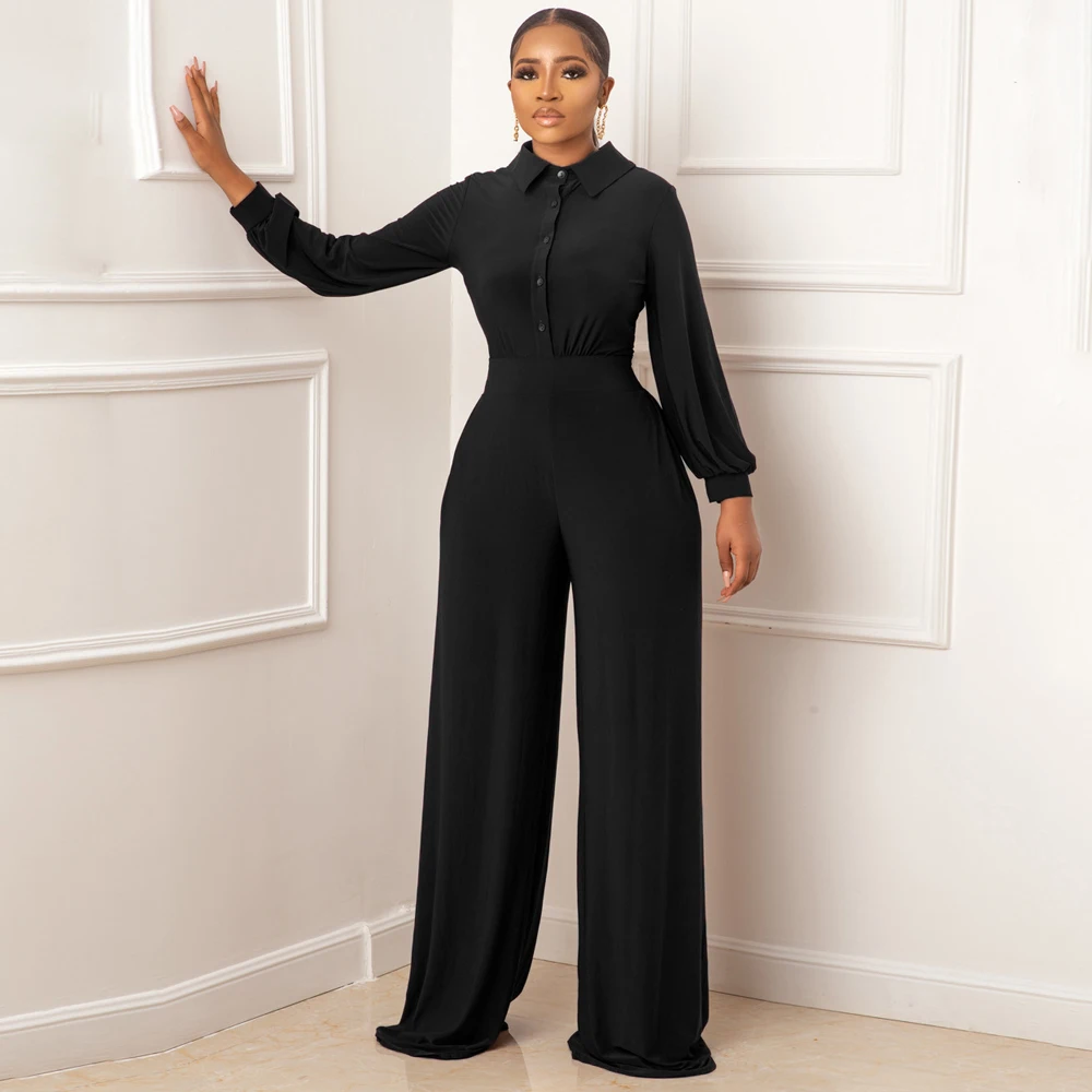 

Женский однобортный комбинезон с отложным воротником и длинным рукавом