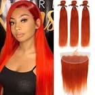 Гладкие оранжевые бразильские пряди с фронтальной прямой сеткой спереди с прядями 8-28 человеческих волос Реми, 3 пряди с застежкой