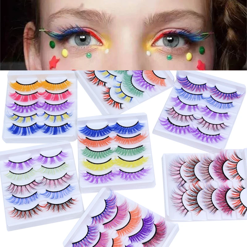 

OKAYLASH 5 Pairs 3D Colored Faux Mink Eyelash Red Yellow Green Purple Colorful Fluffy High Volume Makeup Beauty Rainbow Lashes