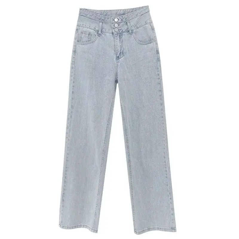 

Elegant style retro high waist breasted jeans women's draping loose straight wide leg trousers