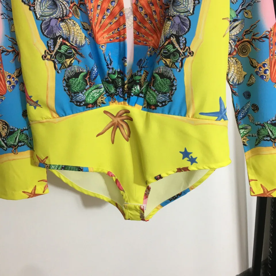 

High Quality Luxury Summer and Spring Sexy Women Vintage Shell Print V-neck Long-sleeved Bodysuit