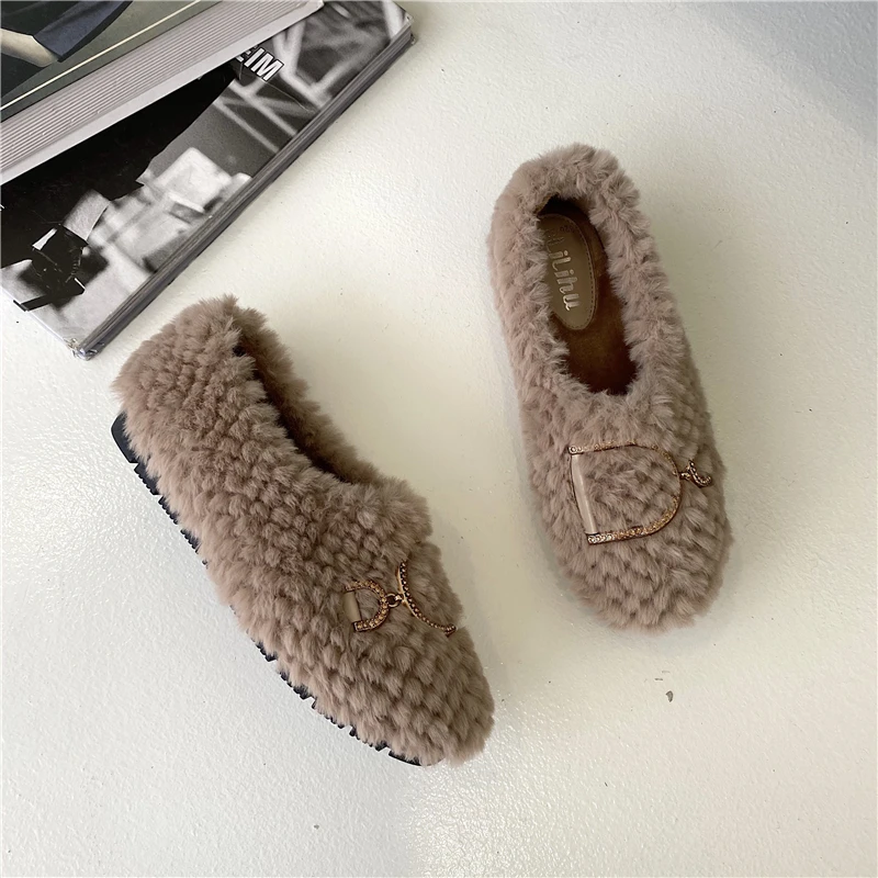 

Metal Decoration Fur Loafers Women Shallow Flats Shoes Winter Fleece Round Toe Shoes Slip on Furry Slides Casual Zapatos Mujer