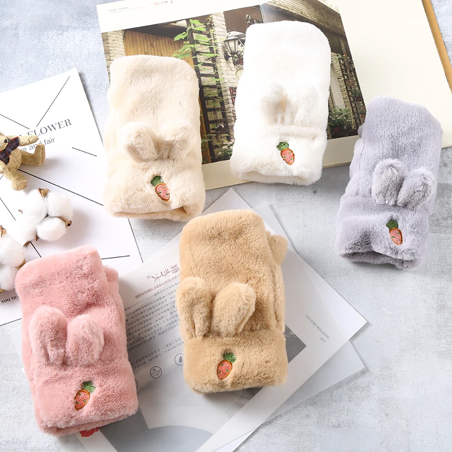 

2021 winter women's gloves Korean version plus velvet thick warmth student cartoon embroidered rabbit ear half-finger gloves