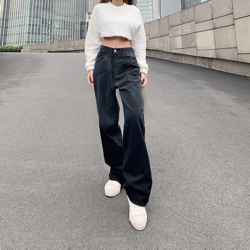 

Fashion High Waist Women Jeans Black Oversized Straight Trousers Women Wide Legs Denim Casual Pants Retro 2021