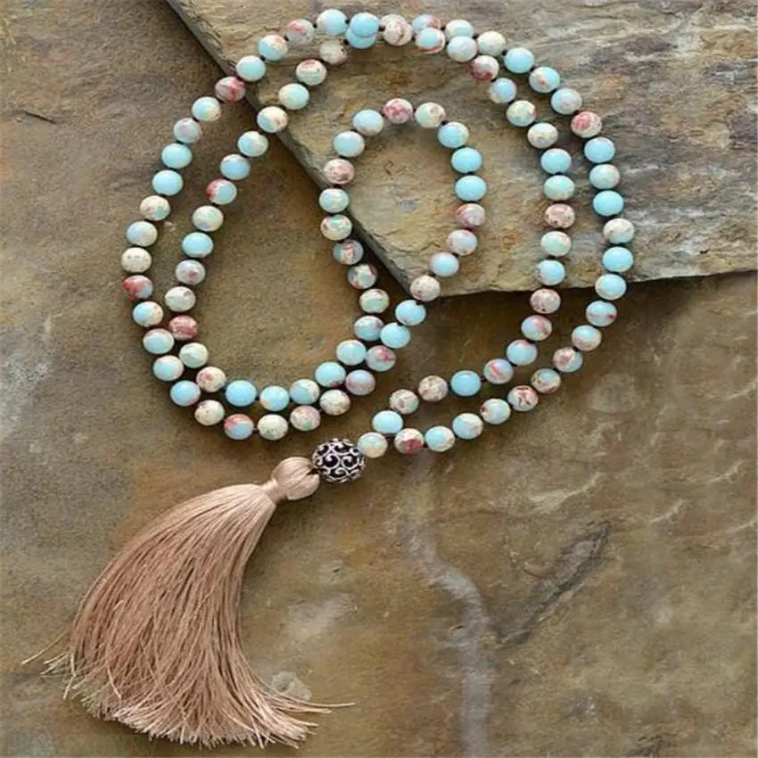 

8mm Flower skin jasper Gemstone 108 Beads Tassel Mala Necklace Healing DIY MONK Bless pray cuff fengshui Wristband