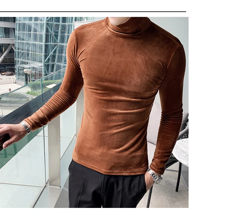 Азиатский размер Slim Fit стрейч бархат водолазка Мужская футболка с длинным рукавом осенние вечерние Нежные мужские