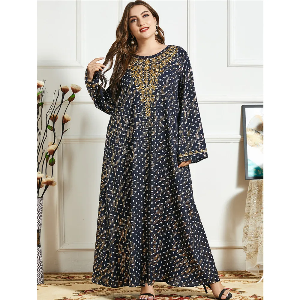 

Embroidery Muslim Abaya Arab Islamic Clothing Women Ramadan Maxi Robe Polka Dot Plus Size Kaftan Middle East O-neck Turkish New