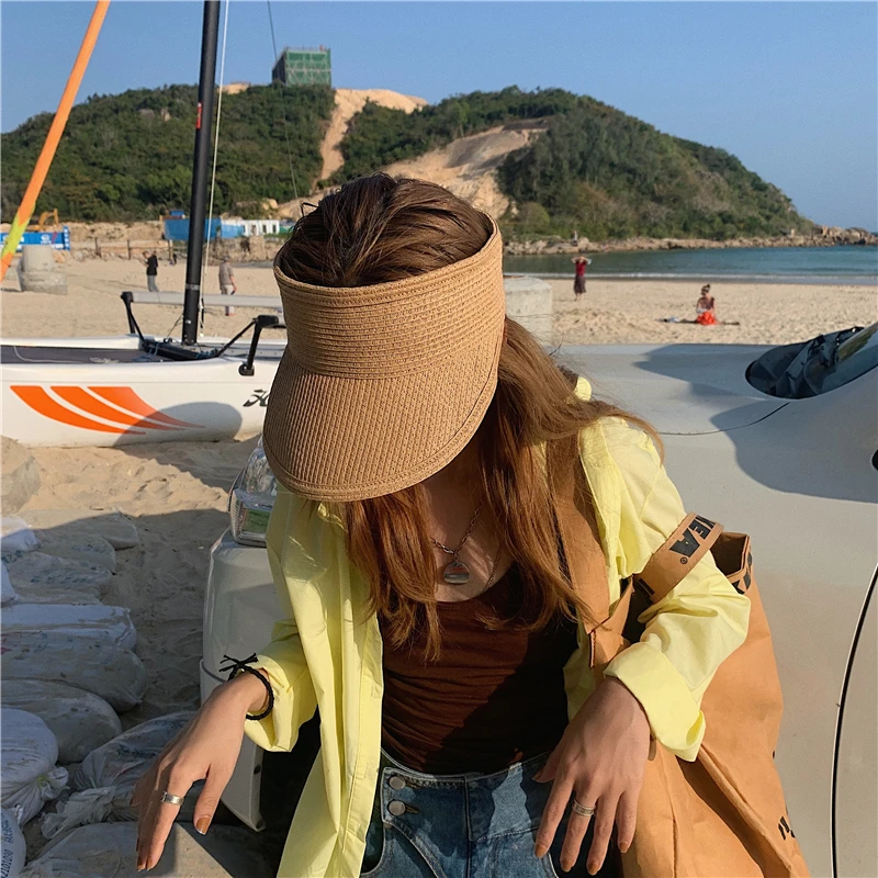 

New Women Ladies Summer Weave Straw Empty Top Beach Cap Solid Color Large Wide Brim UV Protection Sun Visor Hat Adjustable Size