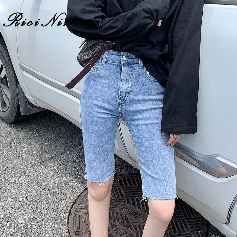 Blue Jean Shorts RICININA Jean Shorts Women High Waisted Zipper Buttons Pocket Short Femme T Jeans Mujer Summer Casual Plus Size Streetwear - Color: Blue Jean Shorts