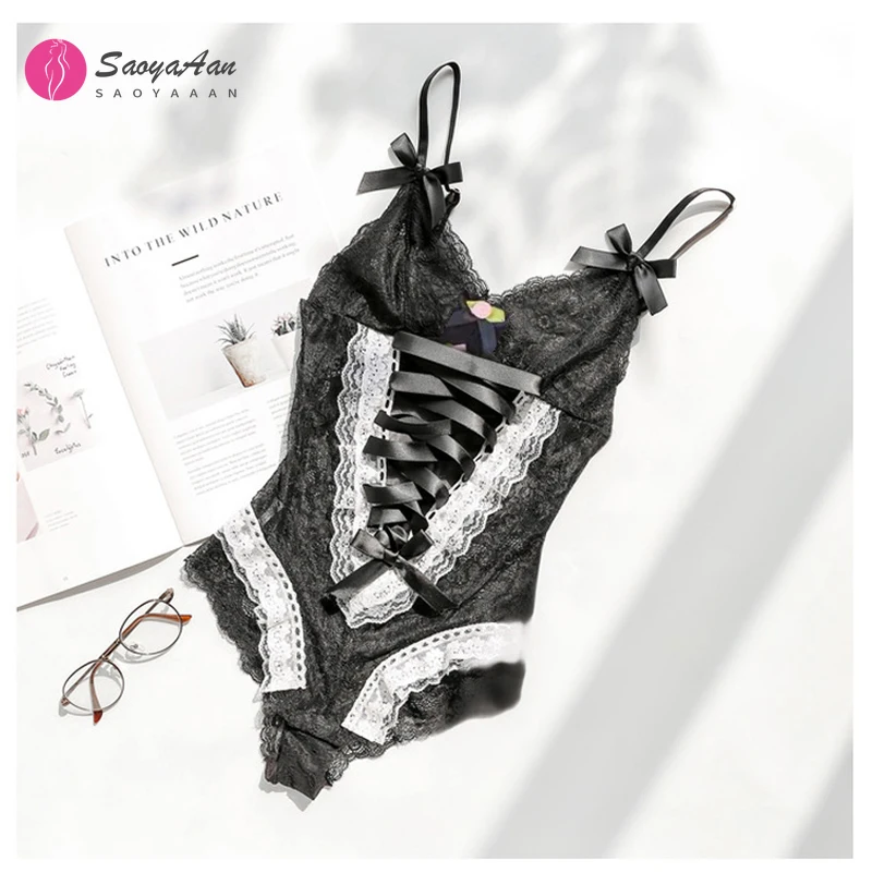 

Women Sexy Lingerie Floral Lace Crotchless Ladies Erotic Lingerie Bodysuit Pink Sleeveless V Neck Cute Bodysuit Sleepwear