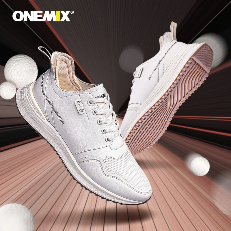 ONEMIX White Sneakers for Men Autumn Comfort Leather Surface Running Shoes Lace Up RB Outsole Man Athletic Walking Shoes