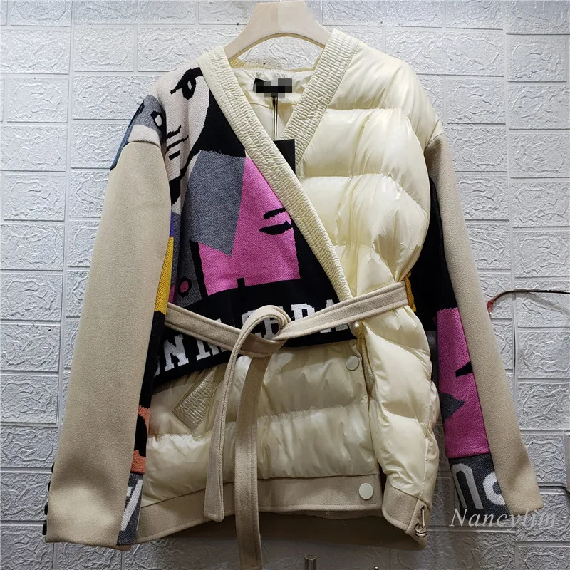 Parkas Womens 2021 Winter New Korean Style Color Contrast Knitted Letter Thicken Warm Cotton Clothes Coat Casual Outwears