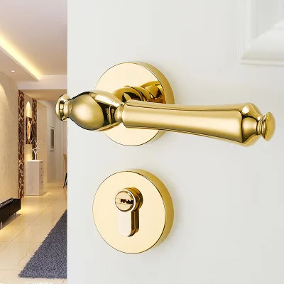 

Top Quality Fashion Luxury Bright Gold Magnetic Mute Indoor Handle Lock Solid Wooden Bedroom Book Room Lock Hinge Door Stopper