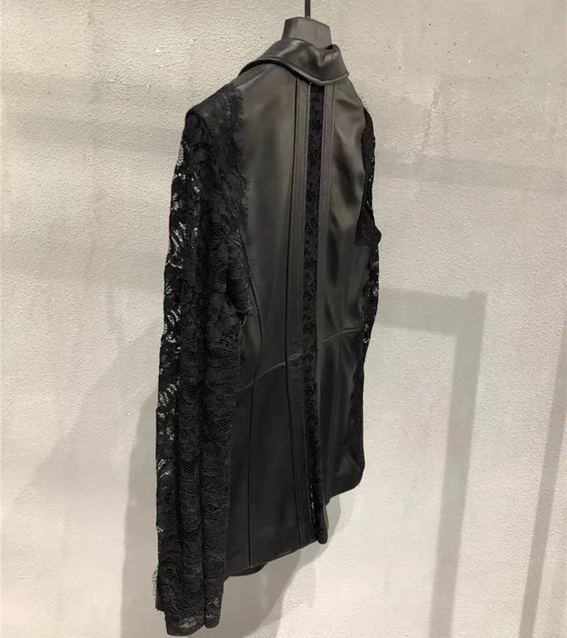 New Lady Autumn Fashion brand Leather Jacket Lace Patchwork Long Sleeve V-neck Short Outwear Sheepskin jacket