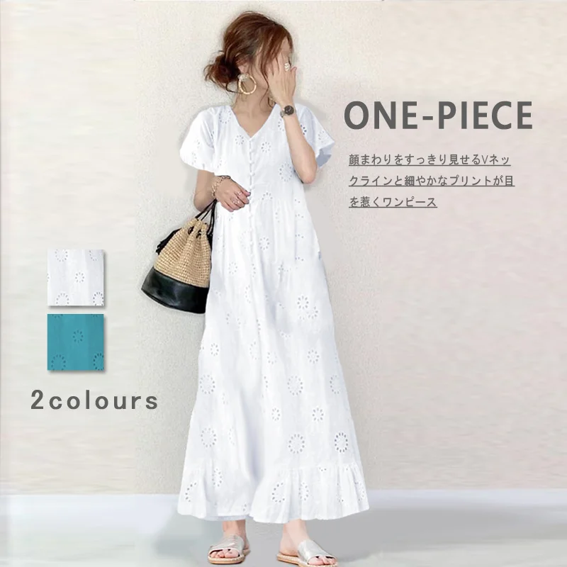 

2020 New Temperament V-neck Single-breasted Slim Long Dress For Women Japanese Style White Hollow Sleeve Short Maxi Dresses