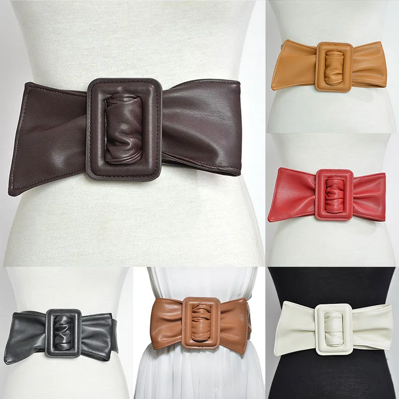 

Women Wide Belt PU Imitation Sheepskin Solid Color Leather Big Bow Cummerbund Simple All-match Rectangle Buckle Long Belt