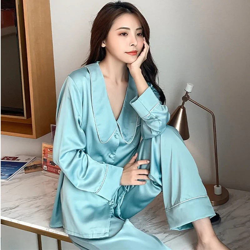

2021 New Temperament Pajamas Women Vintage Lapel Sleepwear Set Casual Loose Silk Satin Homewear Pijamas 2 Pieces Pyjamas Suit