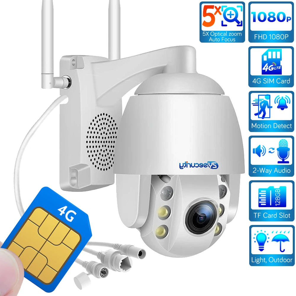 Sim карта 4g Wifi IP PTZ камера 5x оптический зум Открытый Onvif двойной светильник