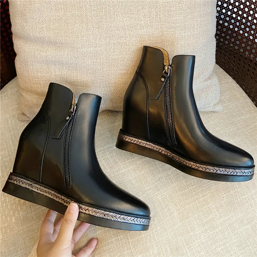 

Punk Trainers Women Genuine Leather Wedges High Heel Ankle Boots Female Round Toe Chunky Platform Oxfords Shoes Casual Shoes