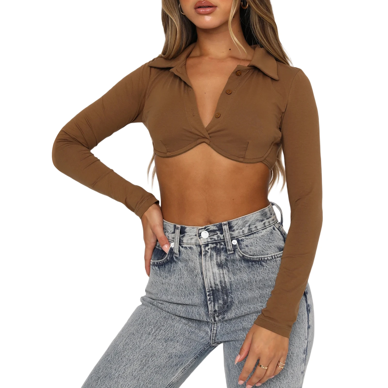 

Women’s Casual Long Sleeve T-shirt Fashion Solid Color Button Lapel Exposed Navel Tops