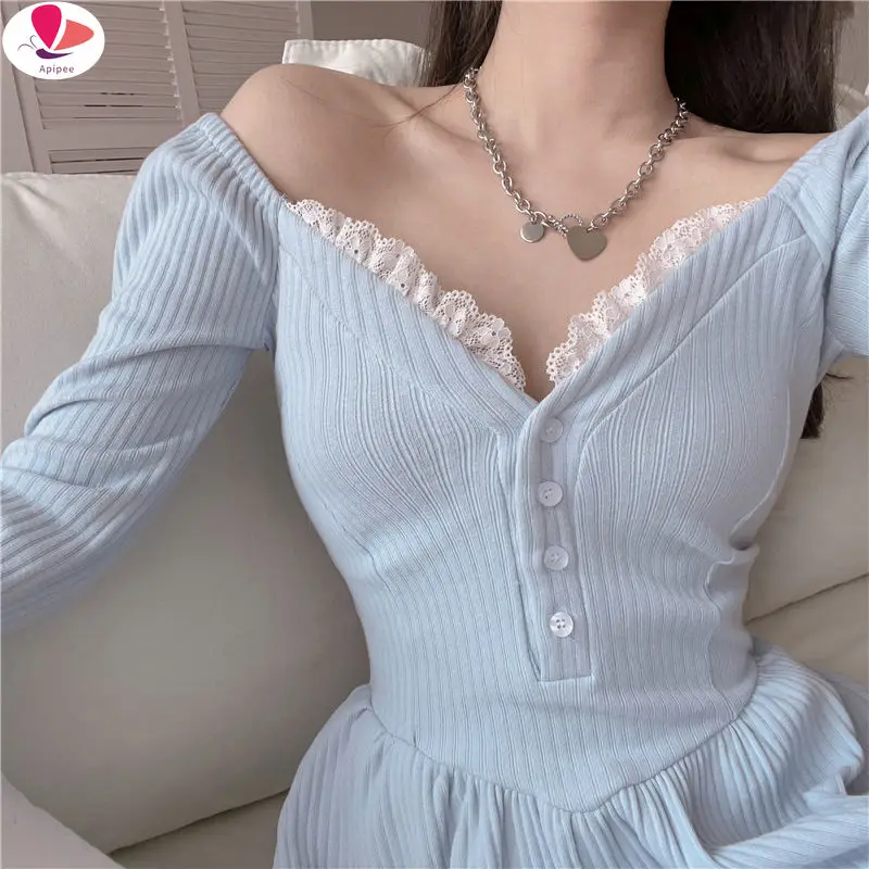 

Женское трикотажное платье Лолита, голубое платье-свитер с японским кружевом и пэчворком, привлекательное мини-платье в Корейском стиле дл...