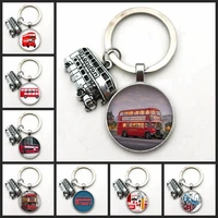 the new 2020 vintage london bus keychain bronze bus pattern glass convex round keychain london souvenirs diy jewelry gift