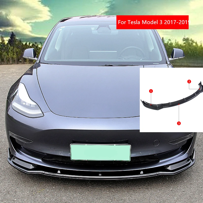 Для Tesla модель 3 на передний бампер для автомобильного стайлинга крышка спойлер обвес сплиттер 3 шт. АБС пластик авто аксессуары