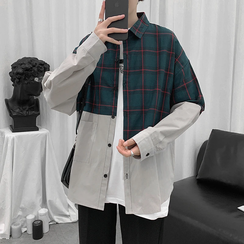 

Korean Style Shirt Men's Fashion Loose Business Casual Plaid Stitching Shirt Men Harajuku Streetwear Plaid Long Sleeve Shirt Men