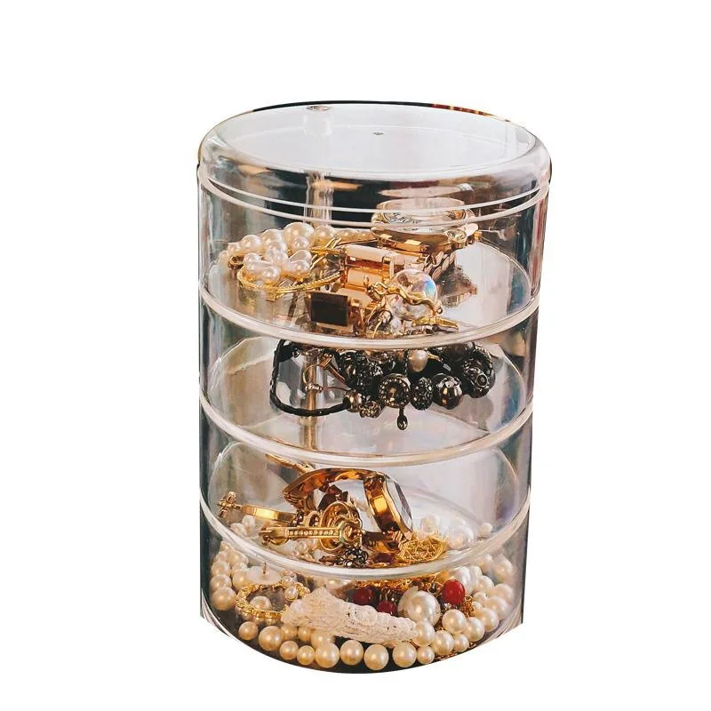 

Rotatable jewelry box Desktop transparent plastic storage box Dust-proof pink jewelry display rack jewerly organizer