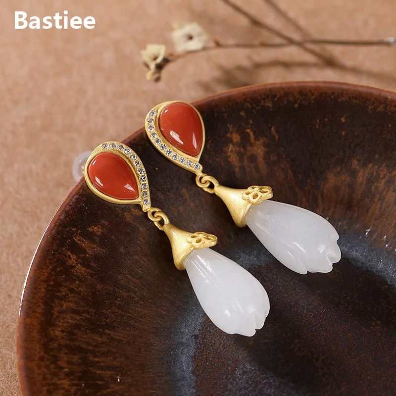 Bastiee Vintage Water Drop Earrings 925 Sterling Silver Jewelry For Women Dangle Earings Red Agate Gold Plated Jewelery Fashion