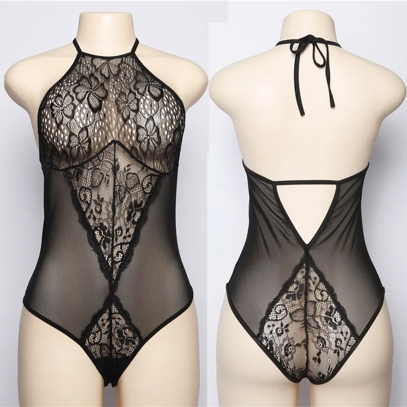 

Halter Women Corset Bodysuit Sexy Embroidered Floral Bodycon Jumpsuit Patchwork Lace Mesh High Waist Nightclub Skinny Romper