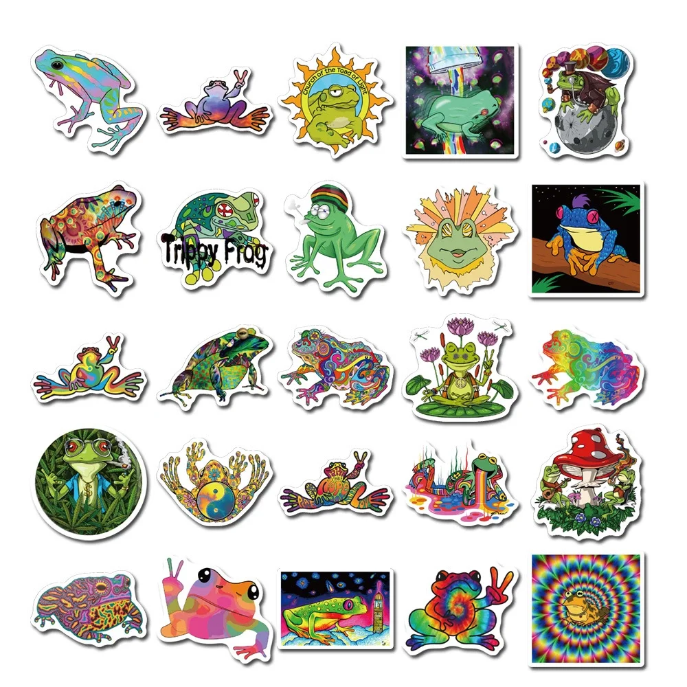 Pegatina de rana psicod&eacute;lica para ni&ntilde;os, juguete adhesivo con dibujos de animales, pegatinas para bricolaje, papeler&iacute;a, maleta para port&aacute;til, guitarra, 10/50 Uds.-5