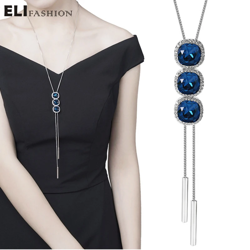 ELIfahsion кристалл три круга синий кулон длинное ожерелье Женская цепочка для