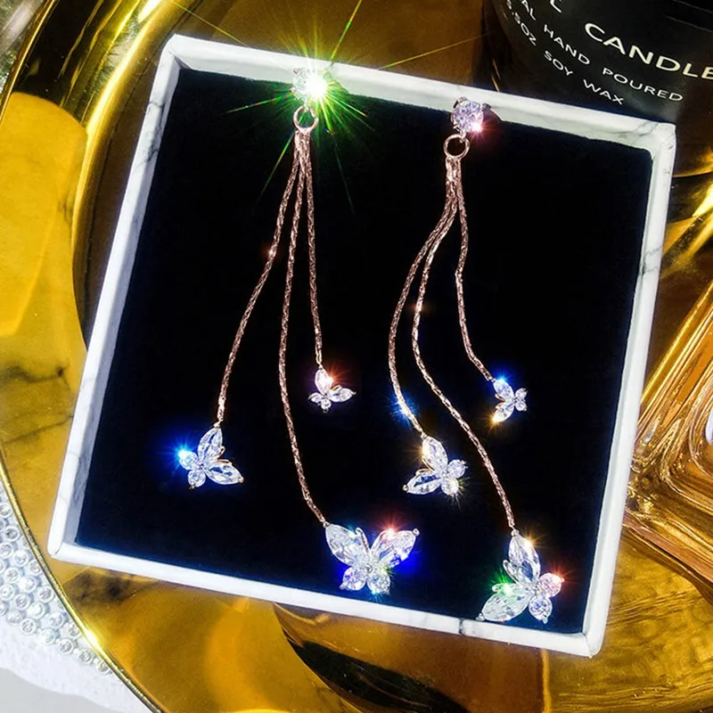 Блестящие три бабочки с кристаллами висячие серьги для женщин бижутерия Длинная