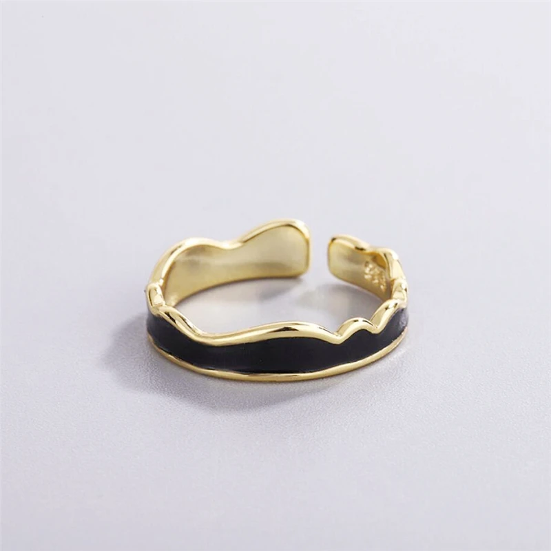 

Aestethic Elegant Jewellery Black Drip Glaze Wave 925 Sterling Silver Female Resizable Opening Rings 948
