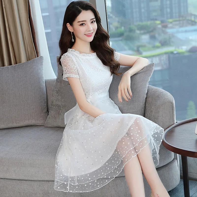 

COIGARSAM Office Lady Patchwork Women dress New Summer Polka Dot Lace Short Sleeve O-Neck Mesh Dresses White Red BH325A9659