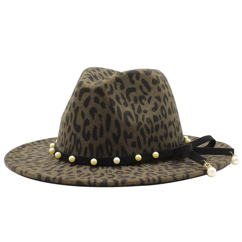 Seioum Felt Fedora Mens Jzz Hats Gentleman Cotton Winter Women Leopard print pearl Wide Brim Top Hat Chapeau Femme