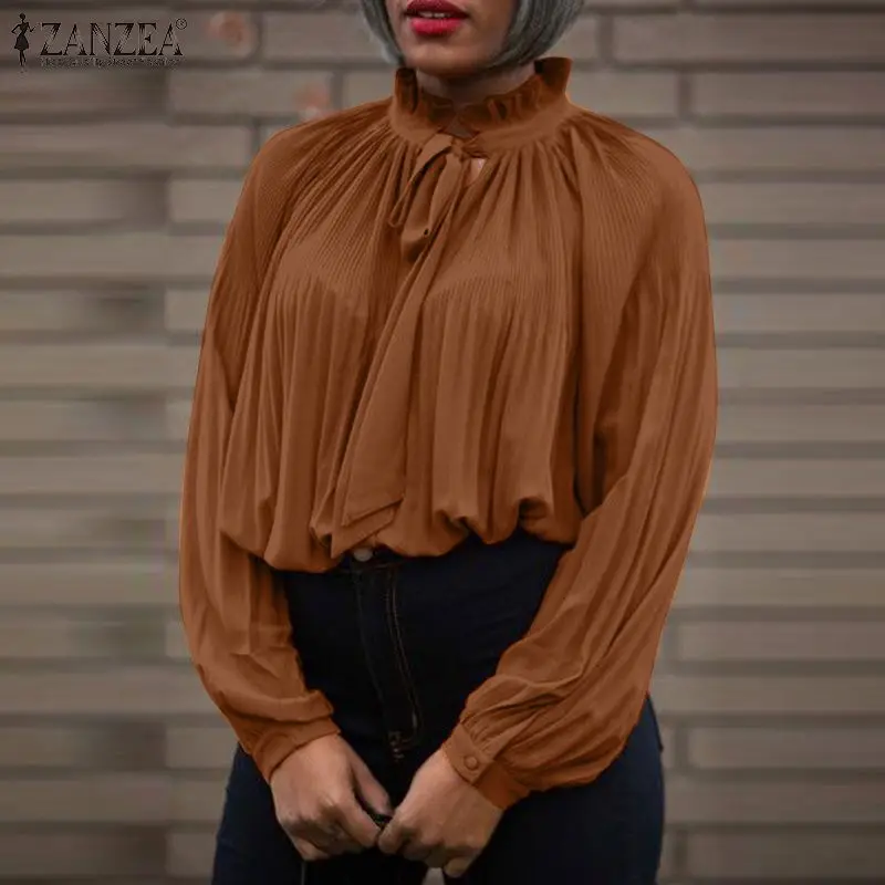 

Модная однотонная блузка ZANZEA с длинным пышным рукавом, элегантные женские плиссированные топы, Офисная рубашка, женские повседневные свобо...