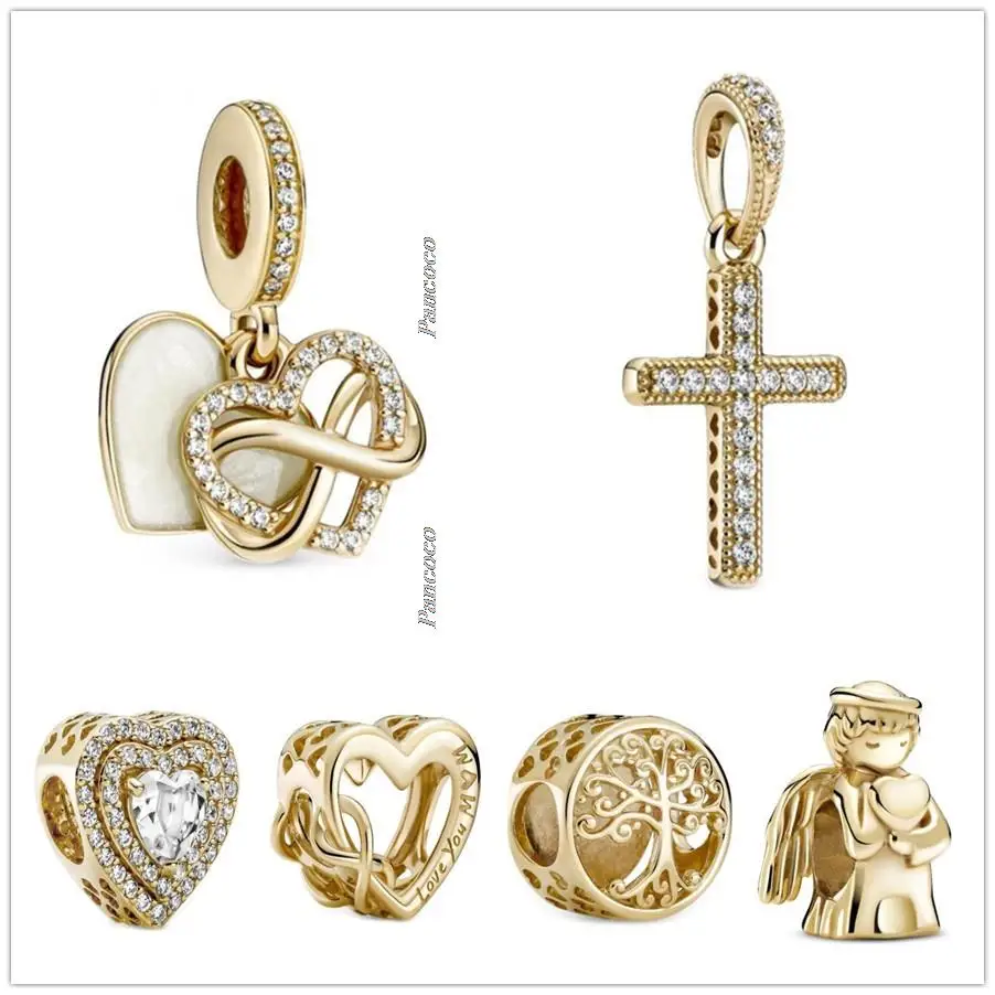 

Original 925 Sterling Silver Gold Sparkling Infinity Heart Dangle Charm Beads Fit Pandora Bracelet & Necklace Jewelry