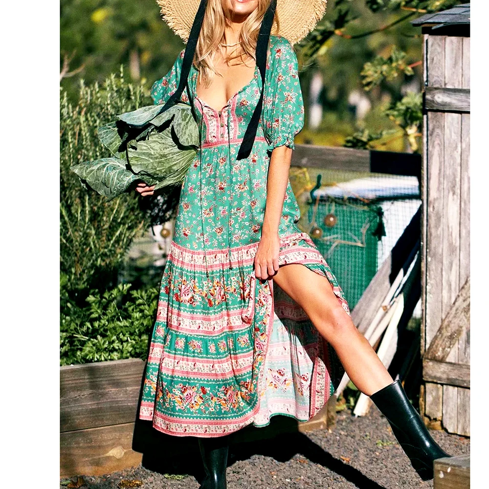 

TEELYNN Sexy V neck Off Shoulder Maxi Women Dress Vintage Green Floral Print Boho Hippie Summer Dresses 2021Casual Robe Vestidos