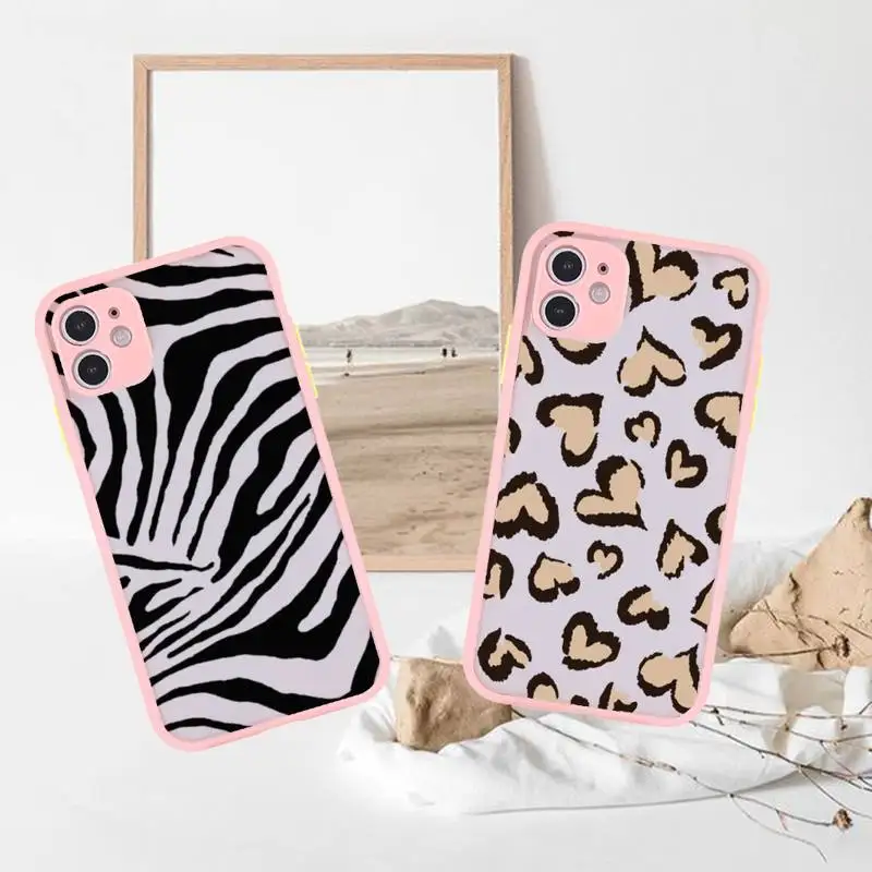 

Leopard Cow Zebra Stripe Aesthetics Phone Case For iPhone 13 12 11 Mini Pro XR XS Max 7 8 Plus X Matte transparent Pink Cover