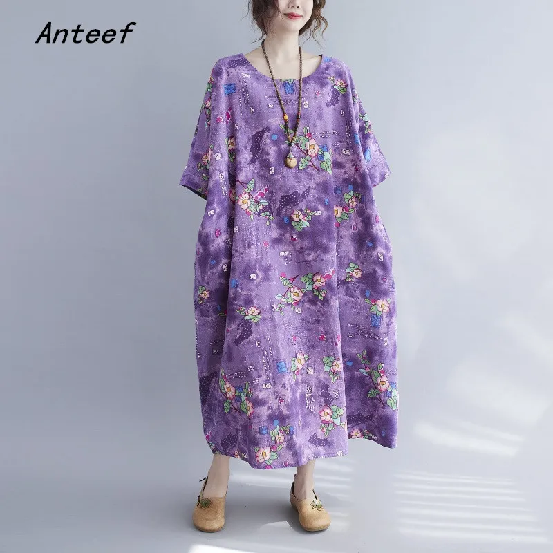 

short sleeve cotton linen vintage floral dresses for women casual loose long woman summer dress elegant clothes 2021
