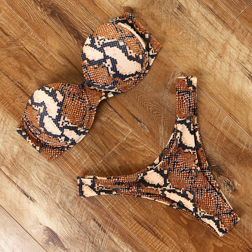 

FJPTBGMY New Leopard Print Bikini Set Swimwear Push Up Swimsuit 2021 Sexy Women Brazilian Thong Bathing Suit Bandeau Beach Wear