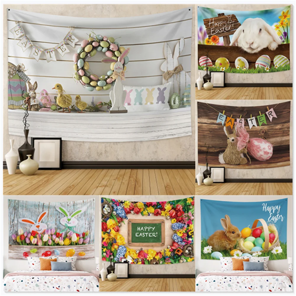 

Laecco Happy Easter Home Decor Cute Easter Bunny And Eggs Wall Hanging Blankets Easter Party Background Wall Cloth
