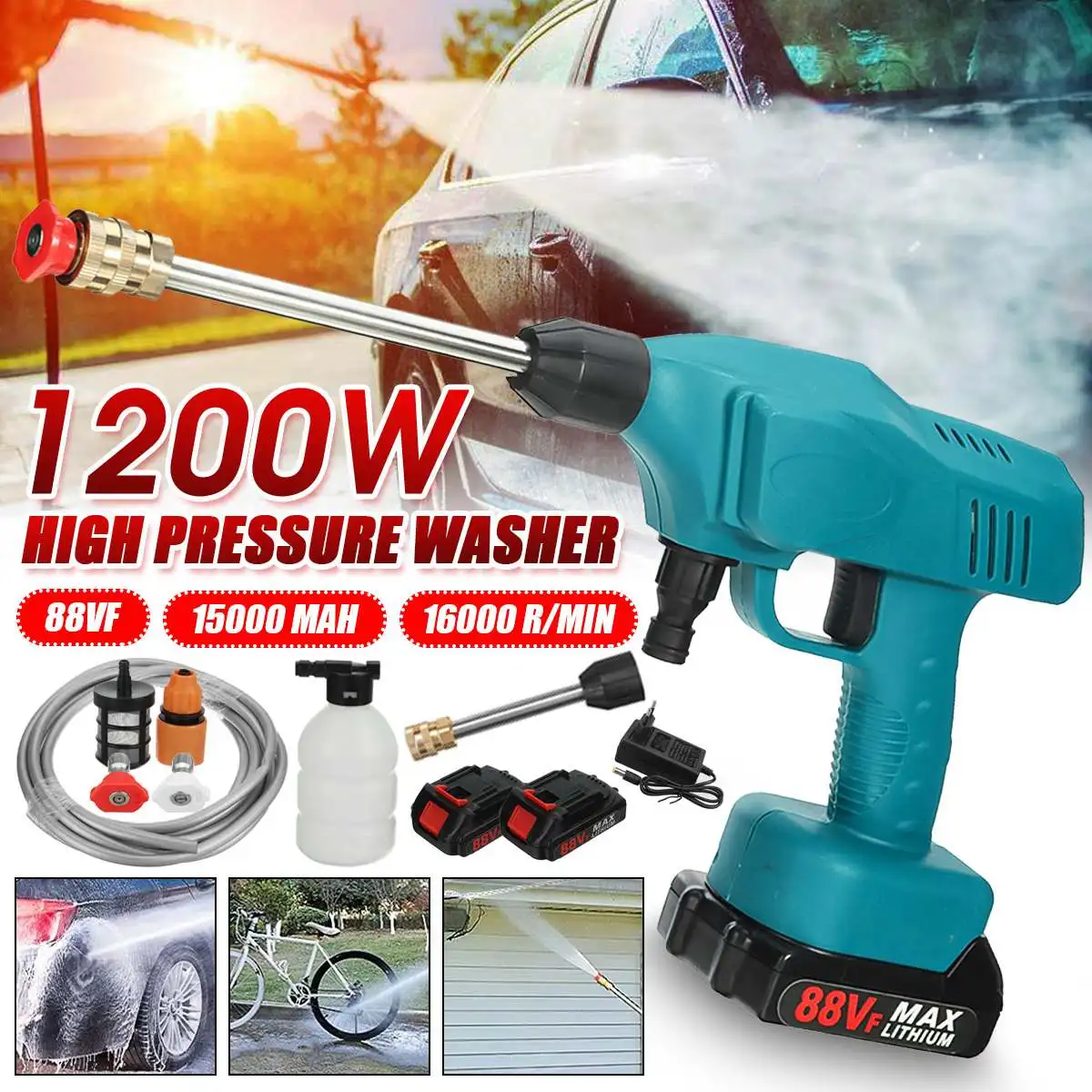 

High Pressure Cordless Washer Spray Water Gun 88VF 1200W With 15000mAh Battery Car Wash Cleaning Machine for Makita 18V Battery