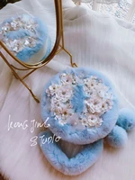 original design sky blue rex embroidered beaded crossbody handbag pure hand made soft beautiful bag party sewed flowers