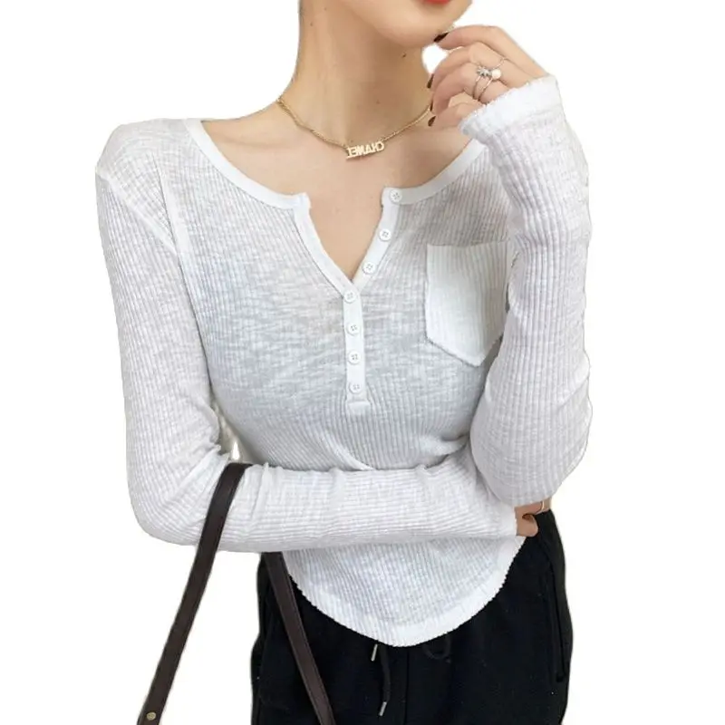 

2022 Women T-shirt Sexy Button V-neck Spring Autumn T Shirts Ribbed Knitted Long Sleeve Tops Tee Female Slim Solid Top