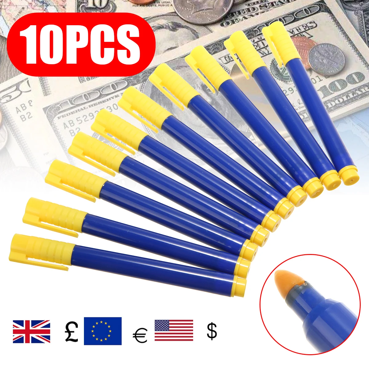 10pcs/set Practical 130mm Bank Note Checker Tester Pens Counterfeit Fake Currency Money Pounds Euros Dollars Detector Marker Pen |